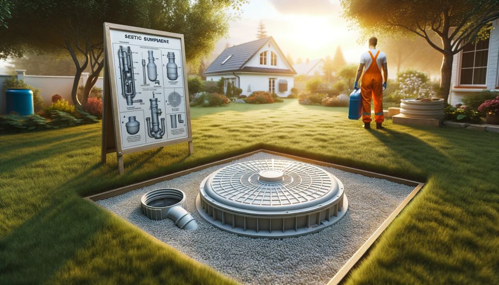 Backyard scene with a securely fitted septic tank lid, an informational signboard about septic system components, and a professional inspecting another tank in the distance.