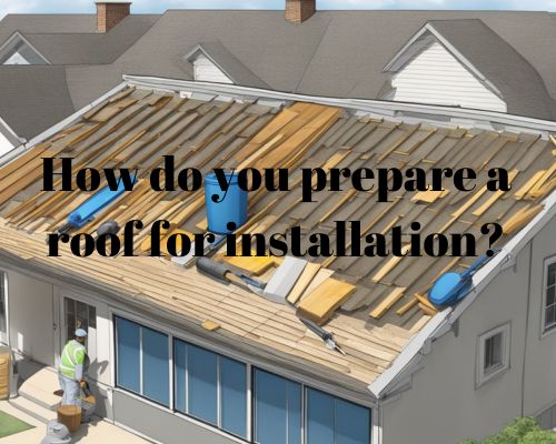 The roof is being cleared of debris and inspected for damage before installation. Materials are organized and tools are set up for the process