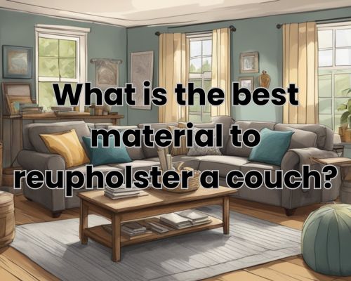 A cozy living room with a worn-out couch, surrounded by fabric swatches and upholstery tools