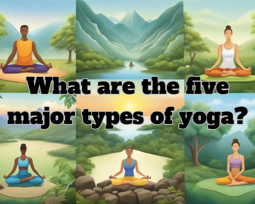 A serene landscape with five distinct yoga poses symbolizing the major types Hatha, Vinyasa, Ashtanga, Bikram, and Kundalini