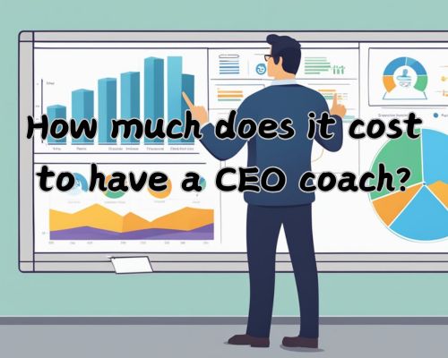 A CEO coach standing in front of a whiteboard, pointing to a graph showing cost breakdowns and benefits