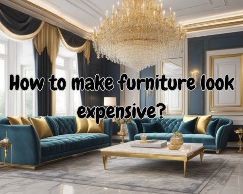 A luxurious velvet sofa with gold accents, surrounded by elegant marble tables and a crystal chandelier overhead