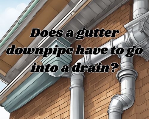 A gutter downpipe connects to a drain on a building's exterior, directing rainwater away from the structure