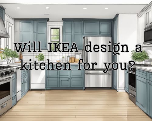 An IKEA designer measures and sketches a kitchen layout with cabinets, countertops, and appliances